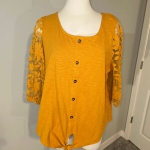 Umgee Mustard Yellow Knotted Center Embroidered Sleeves 100% Cotton Plus 1X Top